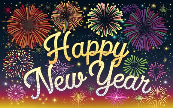 Vibrant Happy New Year design with fireworks exploding in bright colors