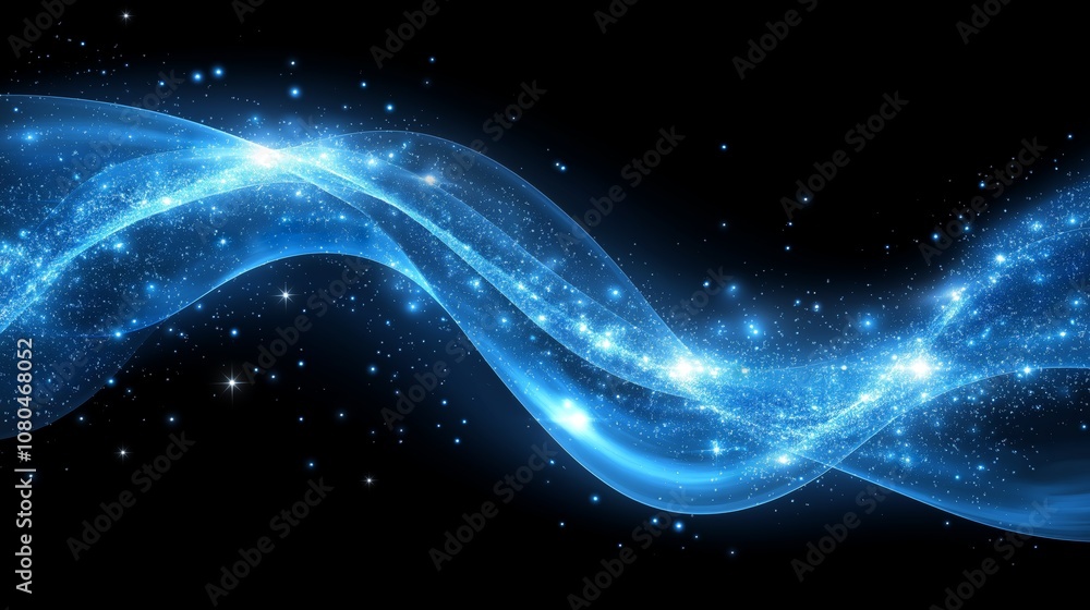 Poster blue abstract wave with sparkles and stars, creating a magical, cosmic effect that symbolizes energy