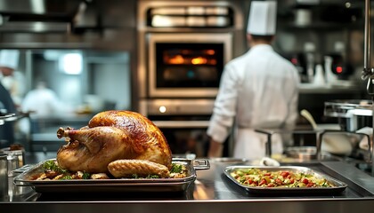 A large turkey is on a white plate, surrounded by herbs and garnishes. The scene takes place in a kitchen, with a chef preparing the turkey and other dishes. Scene is festive and celebratory