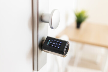 a digital touchpad lock installed on the door of a rental property, providing secure and convenient access for tenants. This is a modern rental property solution that allows you to easily manage acces