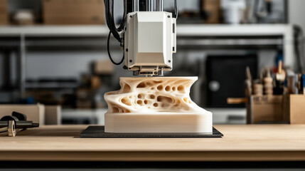 Fototapeta premium Close-up of a 3D printer creating an abstract, intricate object with curved, porous design in a workshop setting.