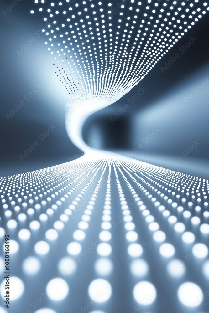 Poster Curving digital pathway with glowing dots, creating a futuristic tunnel effect that embodies motion, innovation, and the fluidity of modern technology, Generative AI