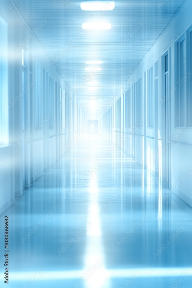 Poster Endless blue corridor with a futuristic, minimalist design, featuring bright illumination and sleek architecture, symbolizing modern technology and clean aesthetics, Generative AI