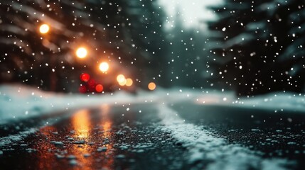 A serene winter road covered in snow with softly glowing streetlights in the background, evoking a peaceful and quiet nighttime scenery in a snowy landscape.