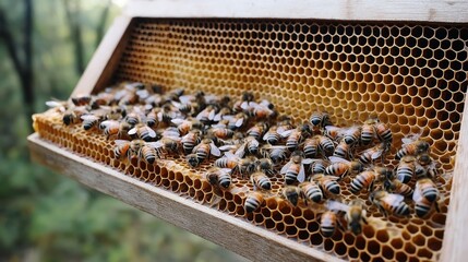 Close-up view of honeybees on a wooden frame filled with honeycomb in a beehive, highlighting the beeswax cells in a natural environment.
