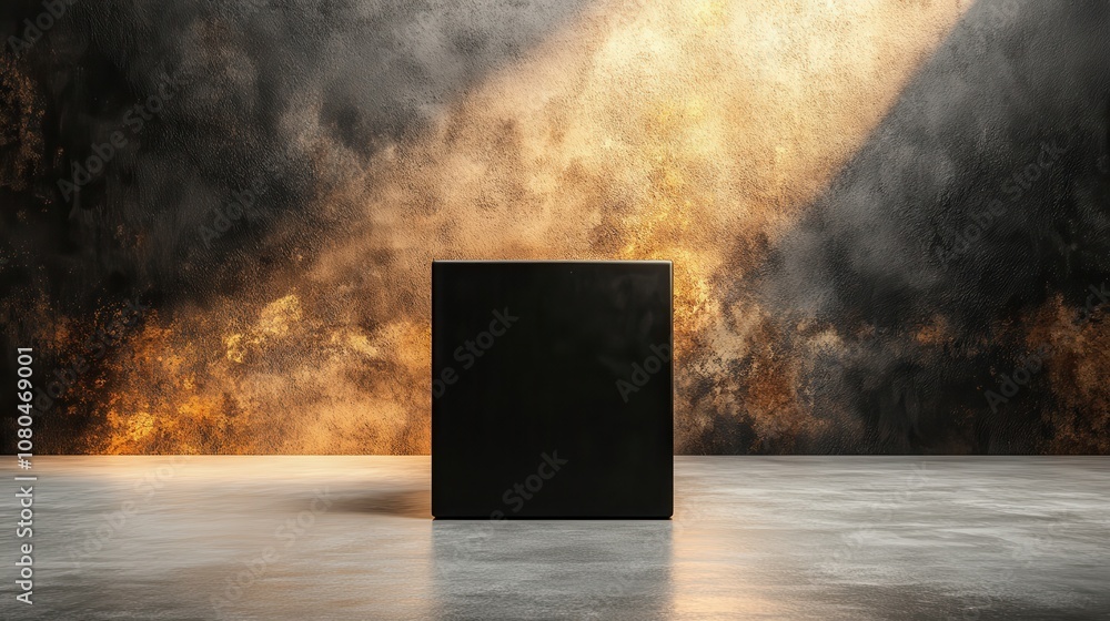 Poster a mysterious black cube is highlighted against a richly textured background of gold, where light and