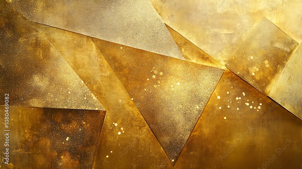 Poster abstract golden composition with textured triangular shapes and shimmering elements.