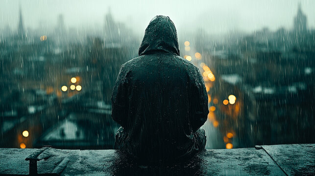 A man stands in a neon city in the rain at night with his back to the camera. Criminal at night, no face visible. generative AI, generative, ai.