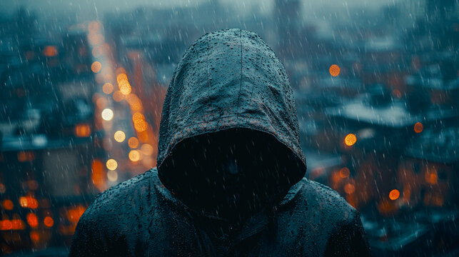 A man stands in a neon city in the rain at night with his back to the camera. Criminal at night, no face visible. generative AI, generative, ai.