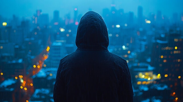 A man stands in a neon city in the rain at night with his back to the camera. Criminal at night, no face visible. generative AI, generative, ai.
