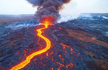 Majestic volcanic eruption with flowing lava and smoke on a dramatic landscape.