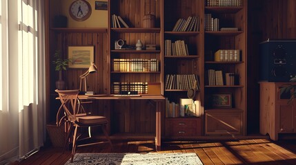 Cozy home office, Bookshelf with books, wooden writing desk adorned with family photographs and plants