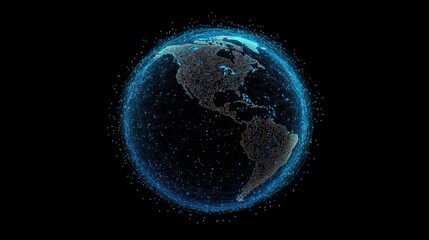 A glowing, digital representation of Earth highlights its continents against a dark background, showcasing connectivity and technology.