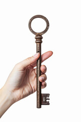 A person holding an old vintage door key