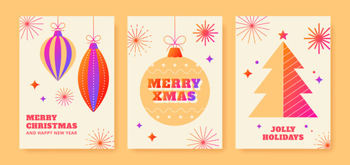 Set of Christmas posters with gradient colors. Greeting cards with ornaments, christmas ball and christmas tree. Vector illustration