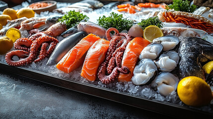 Seafood Banner with Assorted Fish and Octopus on Ice, Copy Space for Text