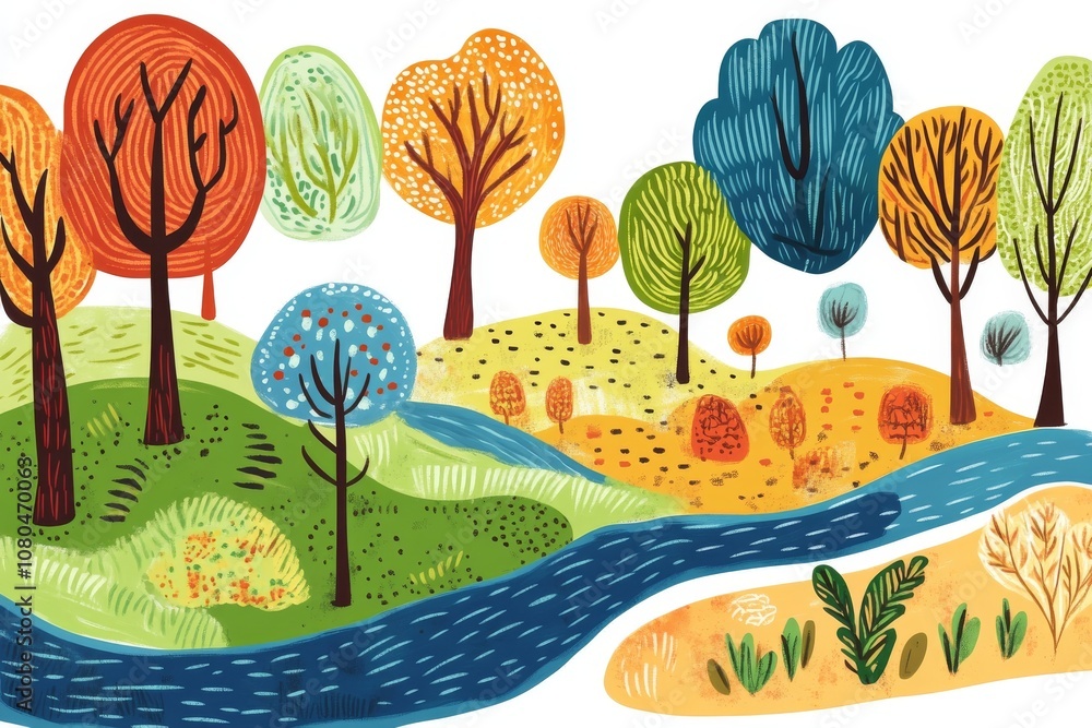 Poster a drawing of a forest with a river running through it. the trees are of different colors and sizes