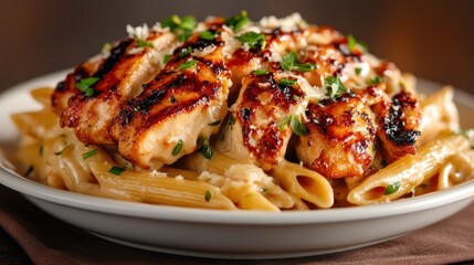 Grilled chicken pieces are served on top of creamy penne pasta, with garnishments of cheese and herbs, offering a mouthwatering and comforting dining experience.