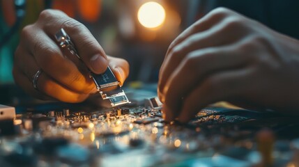 Obraz premium Close-up of hands assembling electronic circuit board 