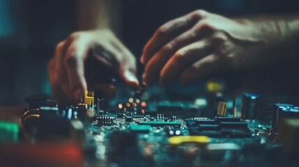 Close-up of hands assembling electronic circuit board 