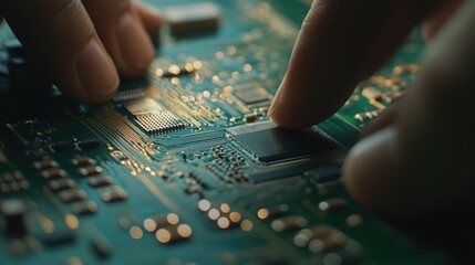 Close-up of hands assembling electronic circuit board 