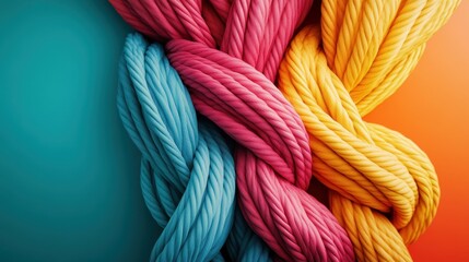 An artistic display of braided ropes featuring vibrant pink, yellow, and blue tones, set against a bright background, symbolizing creativity and cohesion.