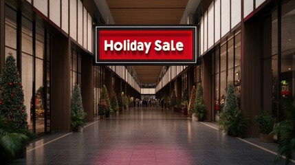 Obraz premium A modern shopping mall corridor decorated for a holiday sale, featuring a prominent red sign announcing discounts, flanked by greenery.