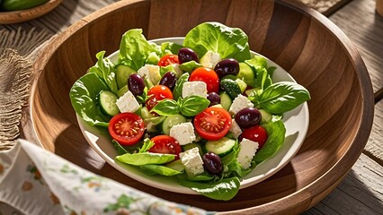 Fresh salad with feta cheese, cherry tomatoes, cucumbers, olives, and basil in a white bowl on a wooden table.