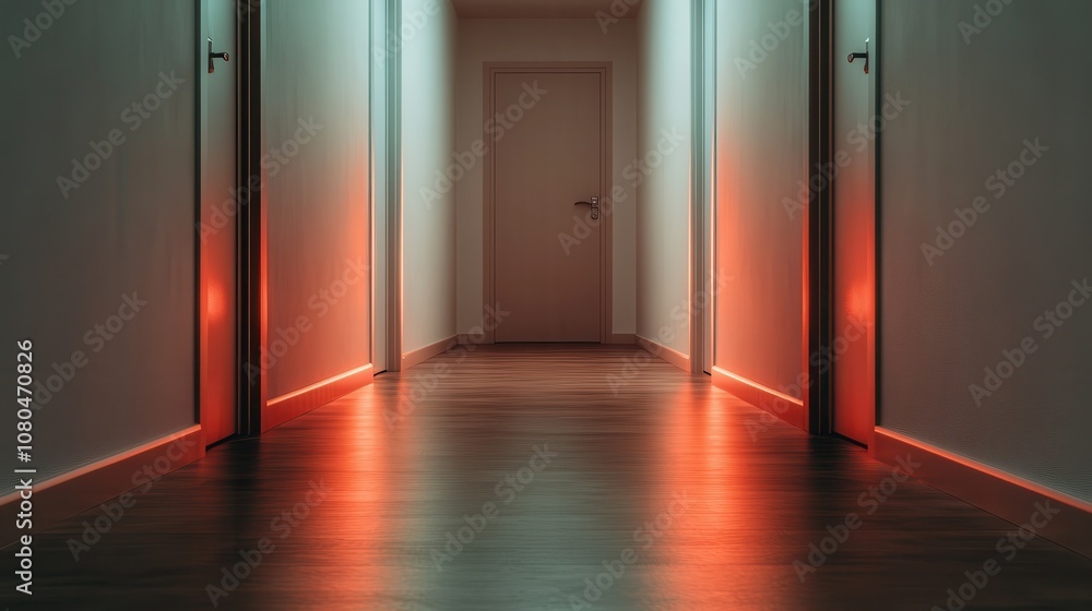 Poster this image showcases a dark hallway illuminated by red ambient lighting, creating a mysterious and d