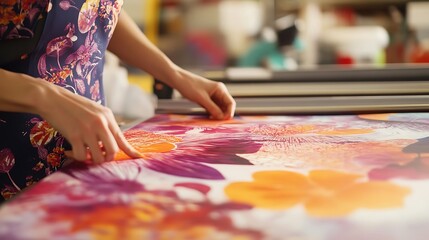 Obraz premium A person arranging a colorful floral print on a table in a creative workspace.