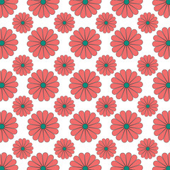 Seamless floral pattern with pink flowers on white background.