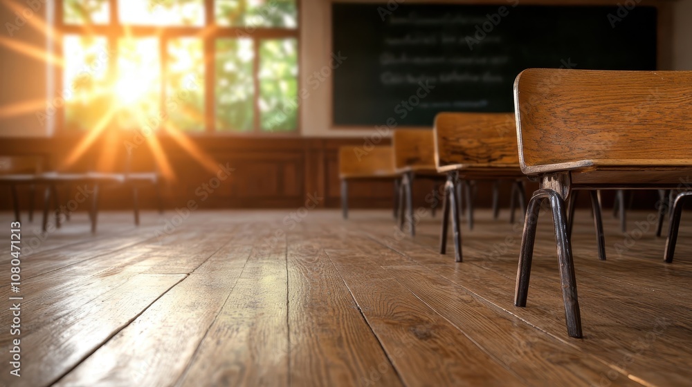 Poster an inviting classroom bathed in sunlight features rows of empty wooden chairs facing a blackboard, c