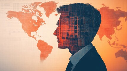 A profile silhouette of a man with graphic overlays, against a world map backdrop, symbolizing global business and digital connection.