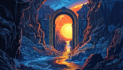 Ancient Gate Leading to a City and a Large Yellow Sun