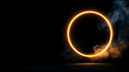 Neon ring light with smoke on a black background. Orange magic circle frame