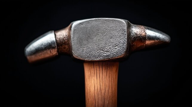 Close-up of a double-headed metal hammer with textured surface and wooden handle, on a black background
