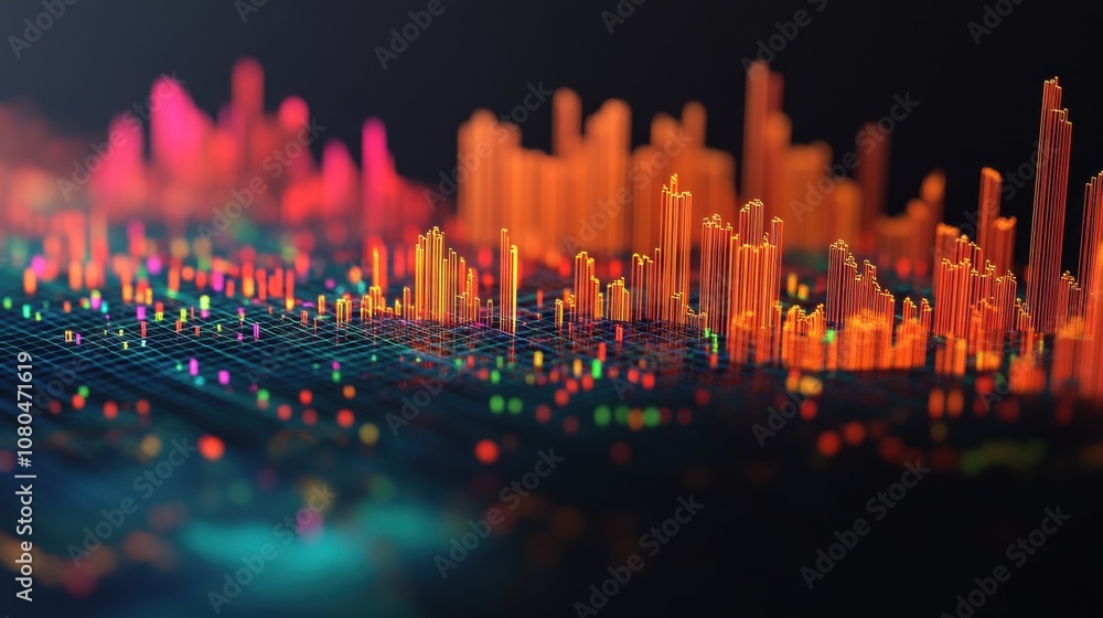 Poster a vibrant digital representation of sound waves and data, showcasing colorful peaks and valleys agai
