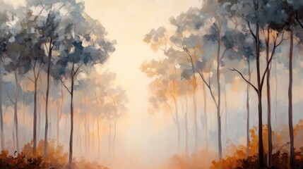 A serene landscape painting featuring tall trees amidst a misty atmosphere, showcasing warm hues of orange and soft blues.