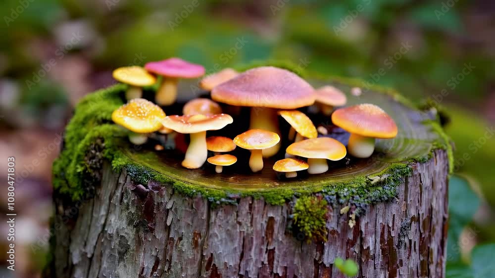 Poster a cluster of colorful mushrooms sprout from a mossy tree stump in a forest setting.