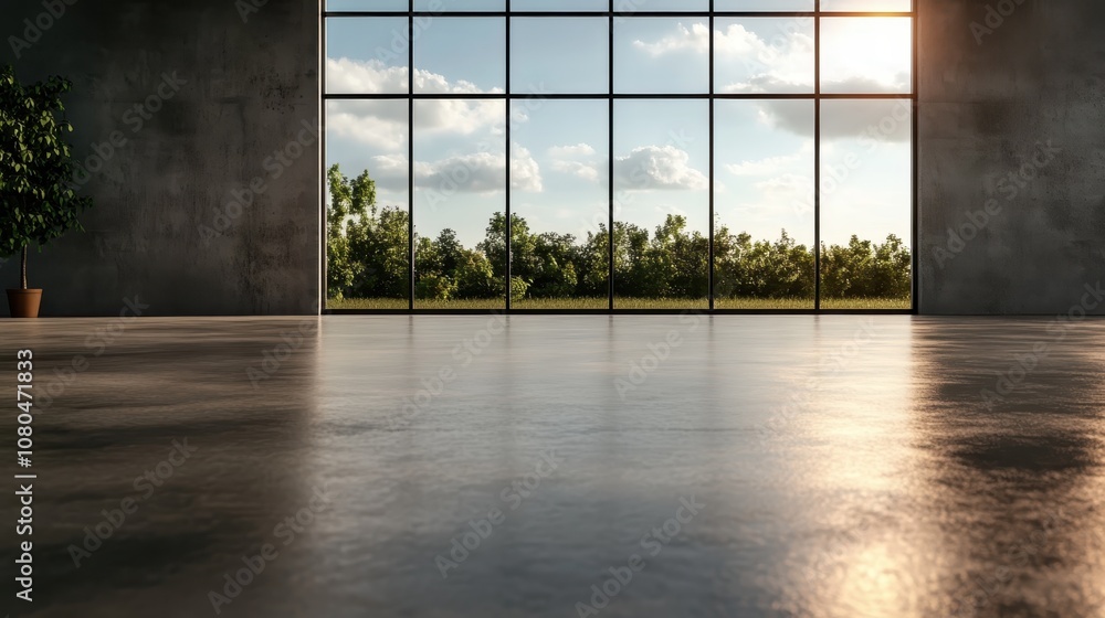Poster this image features a vast empty room with a polished floor, large floor-to-ceiling windows showcasi
