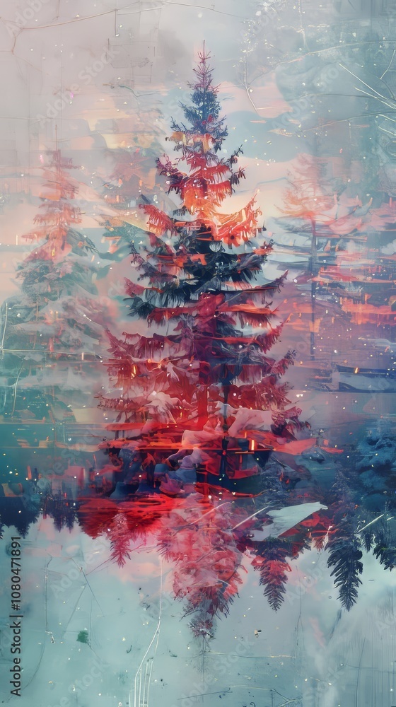 Poster a tree with red leaves is reflected in the water. the reflection is surrounded by snow. the tree is 