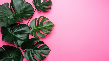 Green leaves on a pink background for aesthetic design purposes.