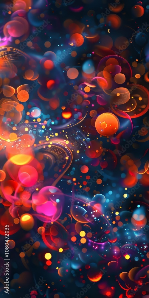 Poster a dynamic abstract image featuring vibrant bokeh lights and swirling patterns against a dark backgro