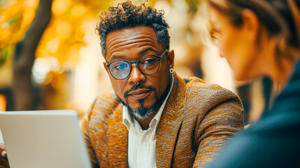 stylish man with a septum piercing and glasses pointing at a laptop screen while assisting his colleague during an outdoor park business meeting. generative AI, generative, ai