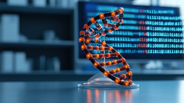 3D DNA strand model on a desk with a computer screen displaying binary code in the background.