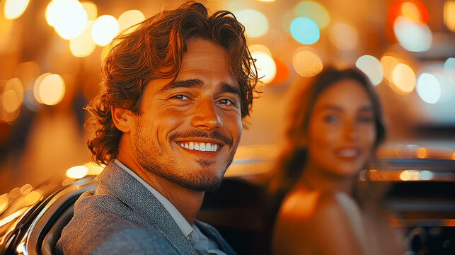 A handsome man in a car with a girl, a couple going on a date to a party on the red carpet. Celebrities, famous couple and paparazzi. generative AI, generative, ai