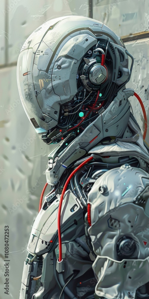 Aufkleber a robot with a white helmet and red wires on its head. the robot is standing in front of a wall
