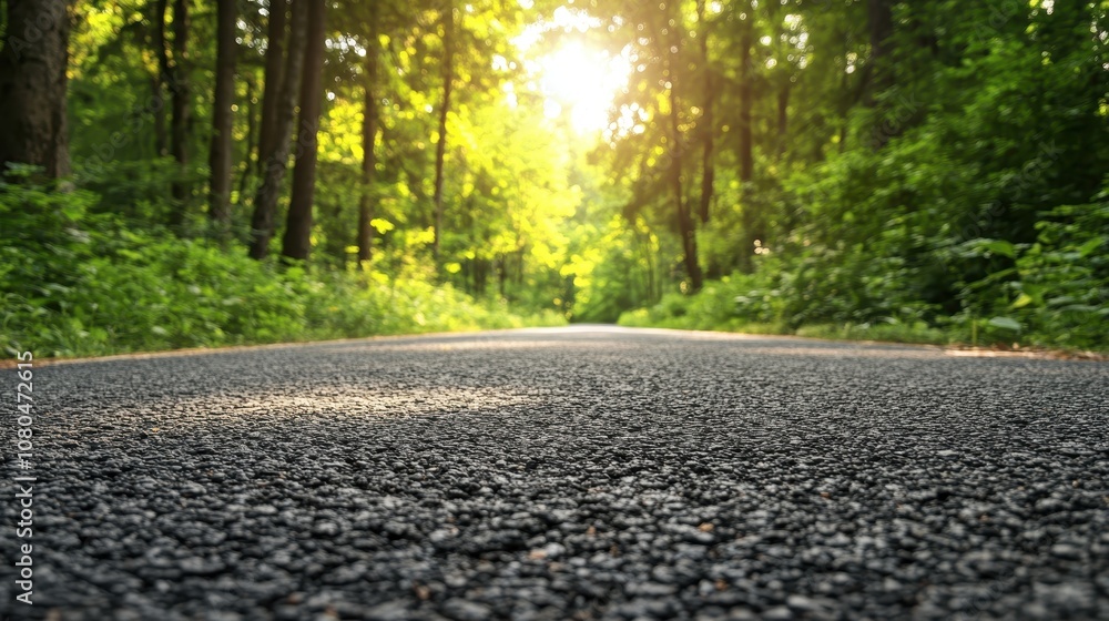 Poster a paved road through a vibrant green forest with sunlight filtering through the trees, creating a ma