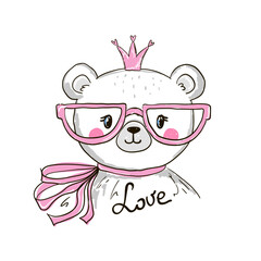 Hand drawn cute bear with a crown with a bow and the inscription love. Vector illustration in cartoon style