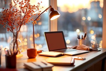 Cozy workspace at sunset with warm lighting, a laptop, and decorative plants in a serene indoor setting
